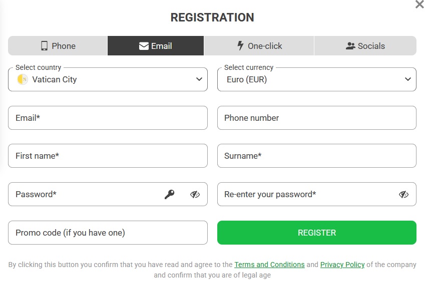 888STARZ registration form: one-click, by phone, by e-mail or social networks